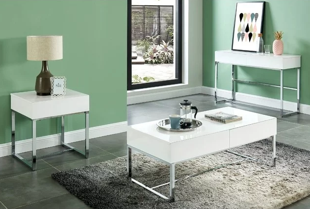 Rectangular Wooden Sofa Table With 2 Drawers_Metal Base_White_Silver 394.94$