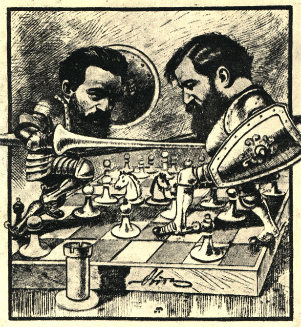 Матч между Стейницем и Чигориным. Шарж 1892