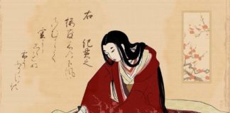 Женщина отрезает подол кимоно, чтобы не потревожить спящую кошку